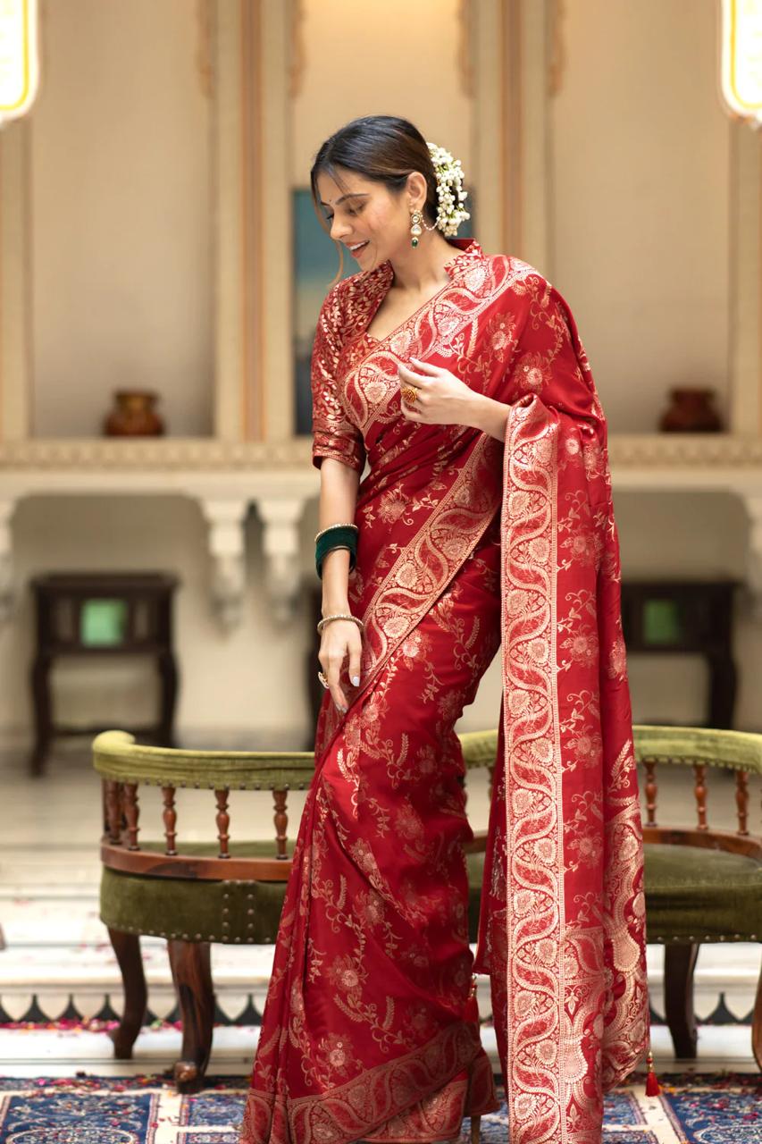 Bucolic Red Soft Silk Saree With Traditional Blouse Piece