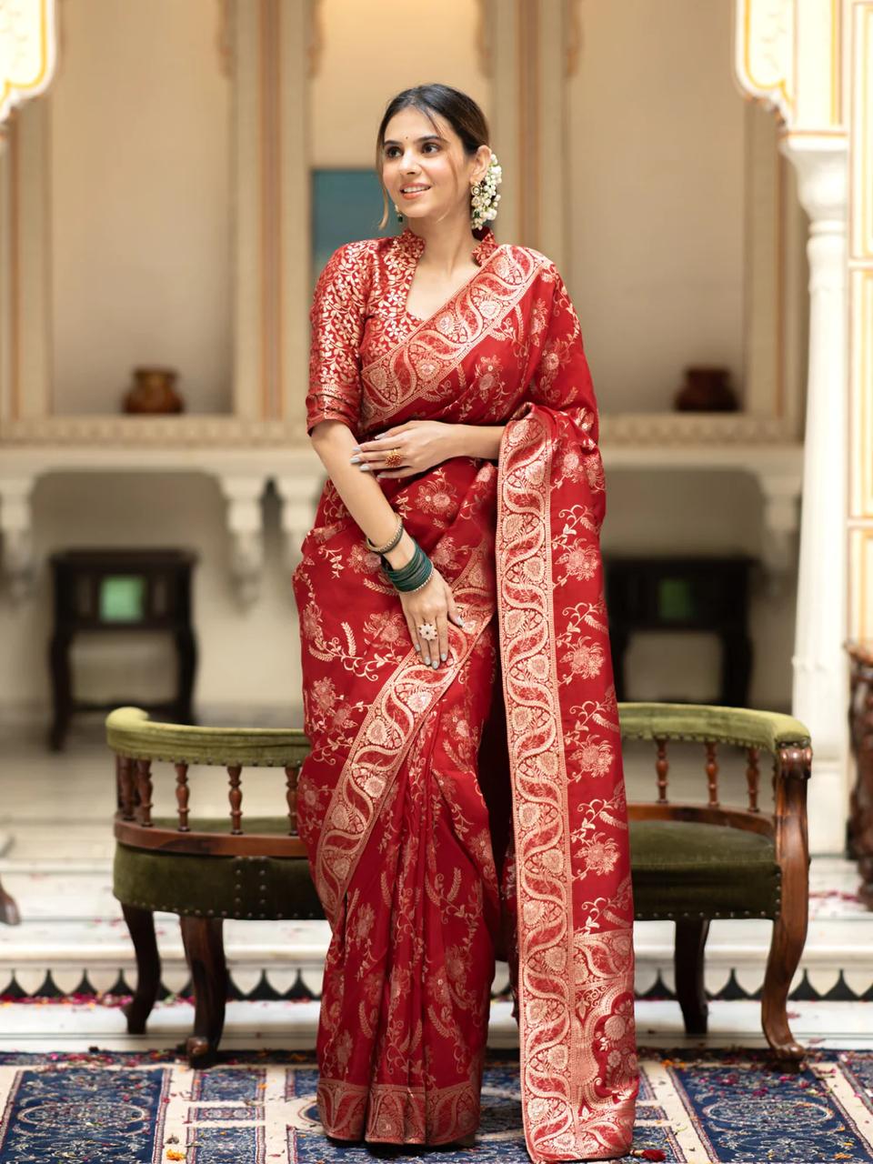 Bucolic Red Soft Silk Saree With Traditional Blouse Piece