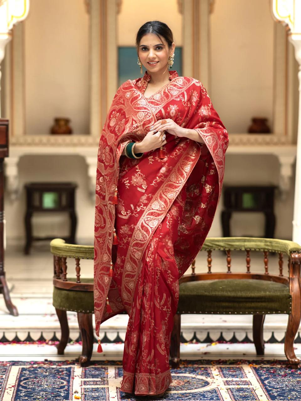 Bucolic Red Soft Silk Saree With Traditional Blouse Piece