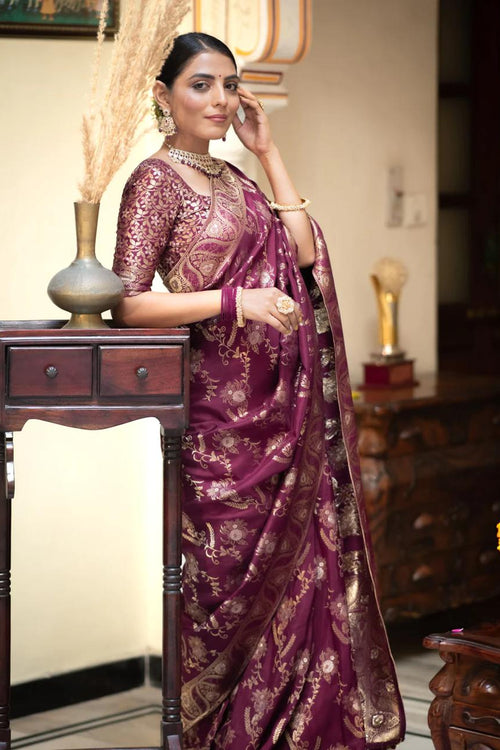 Load image into Gallery viewer, Preferable Wine Soft Silk Saree With Ethnic Blouse Piece
