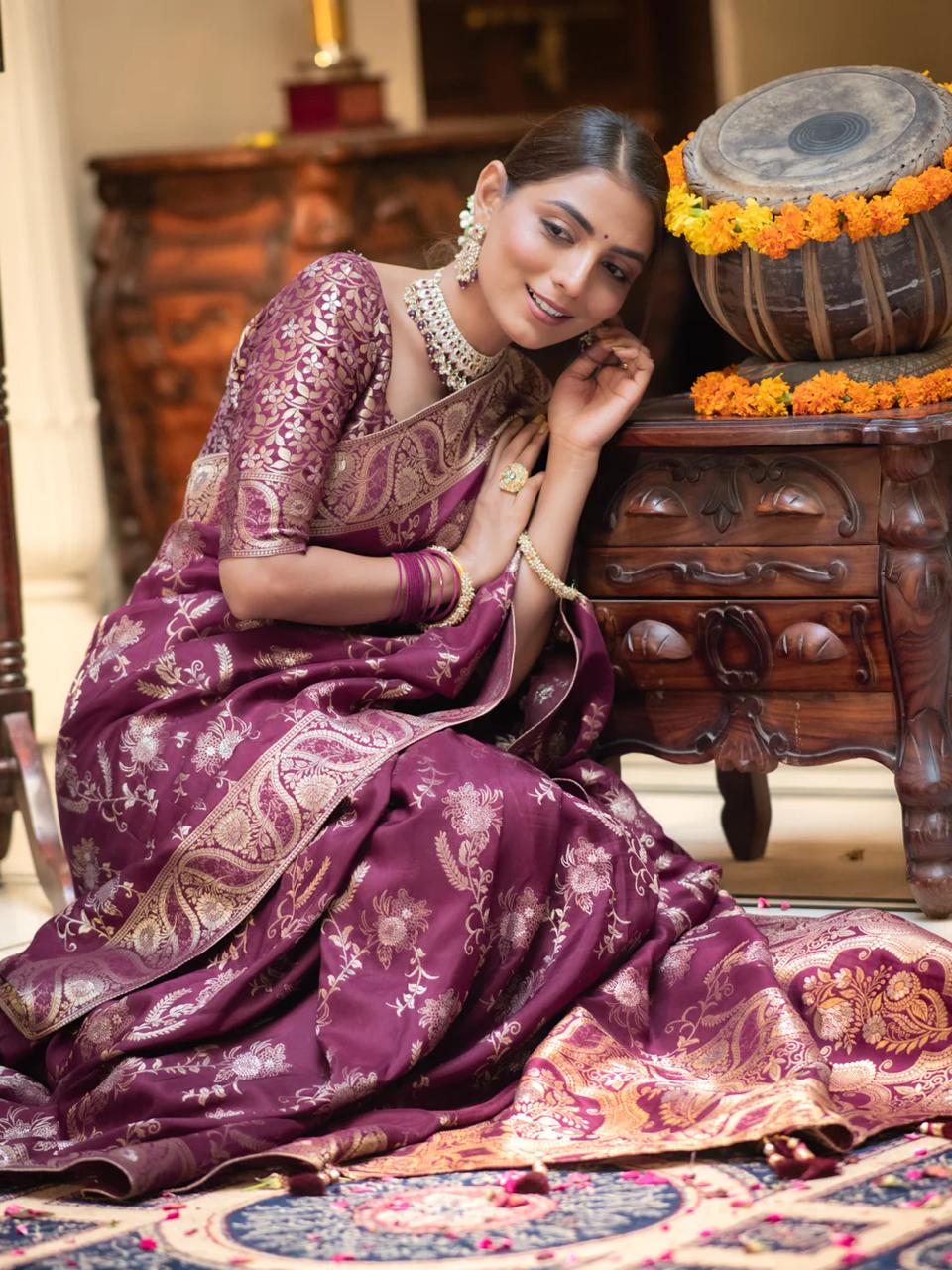 Preferable Wine Soft Silk Saree With Ethnic Blouse Piece