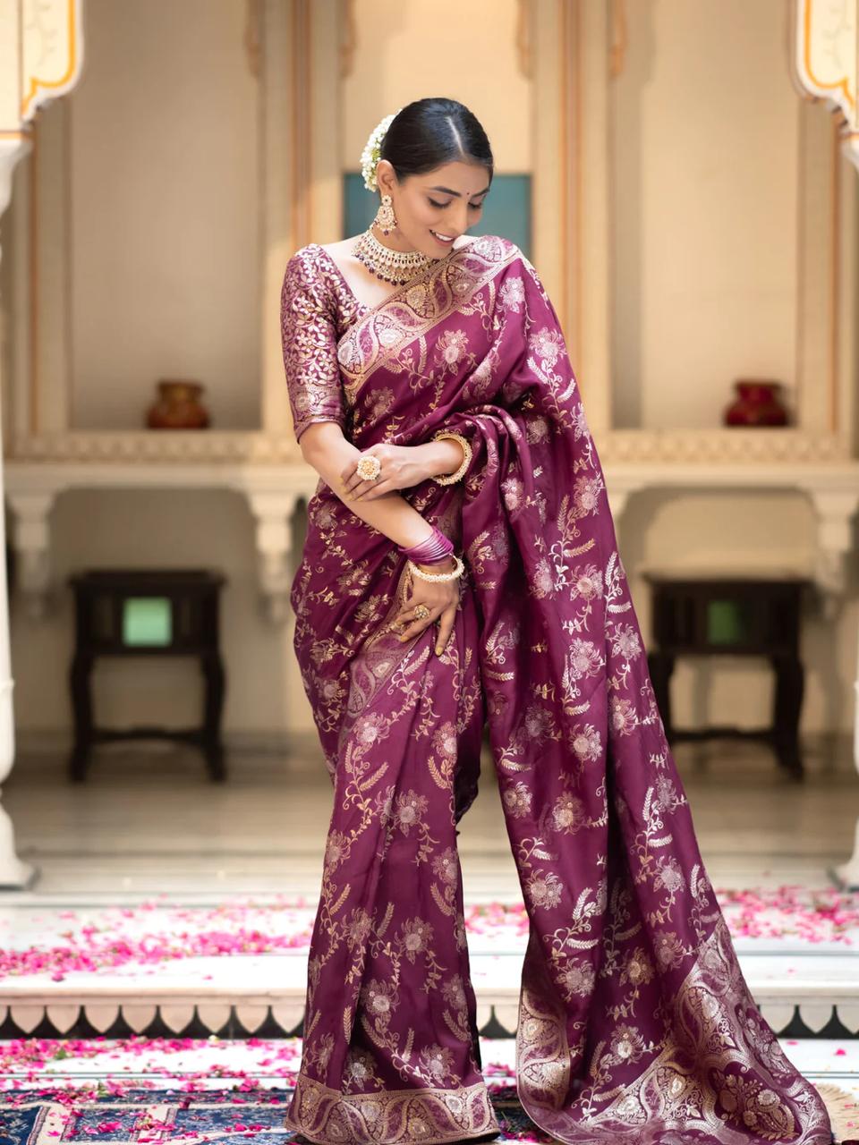 Preferable Wine Soft Silk Saree With Ethnic Blouse Piece