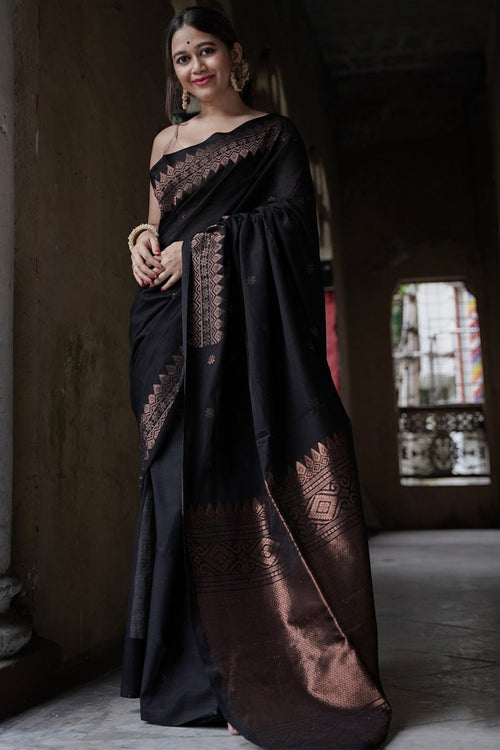 Load image into Gallery viewer, Entrancing Black Soft Silk Saree With Brood Blouse Piece
