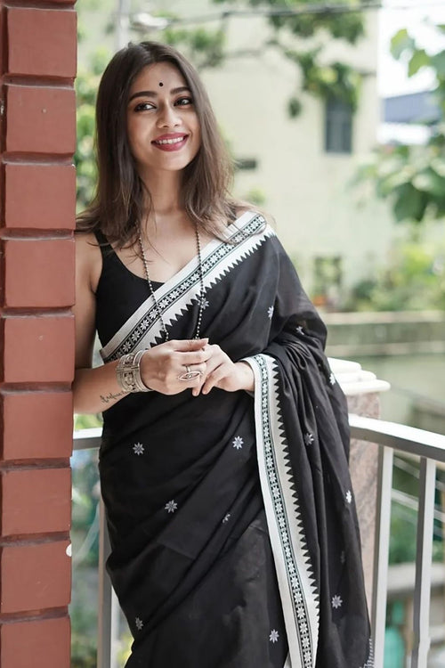 Load image into Gallery viewer, Twirling Black Cotton Silk Saree With Opulent Blouse Piece
