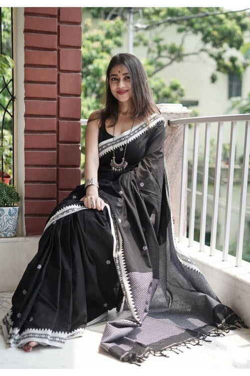 Load image into Gallery viewer, Twirling Black Cotton Silk Saree With Opulent Blouse Piece
