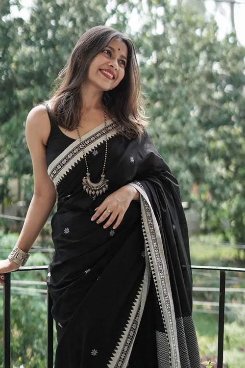 Load image into Gallery viewer, Twirling Black Cotton Silk Saree With Opulent Blouse Piece
