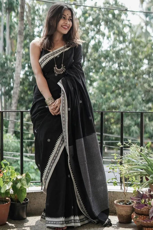 Load image into Gallery viewer, Twirling Black Cotton Silk Saree With Opulent Blouse Piece
