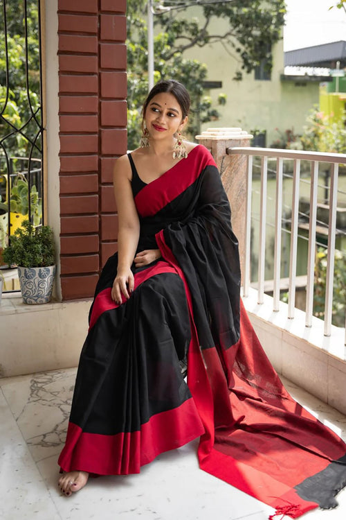 Load image into Gallery viewer, Beautiful Black Cotton Silk Saree With Designer Blouse Piece
