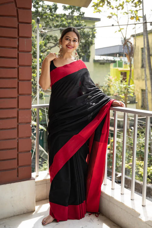 Load image into Gallery viewer, Beautiful Black Cotton Silk Saree With Designer Blouse Piece
