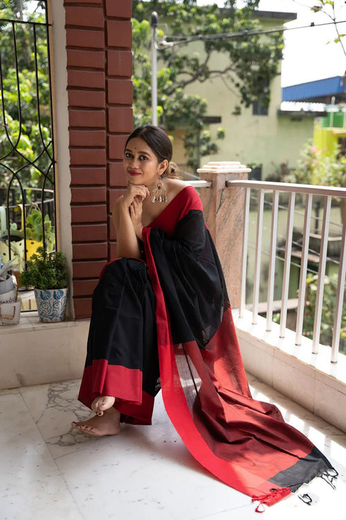 Load image into Gallery viewer, Beautiful Black Cotton Silk Saree With Designer Blouse Piece
