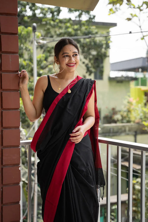 Load image into Gallery viewer, Beautiful Black Cotton Silk Saree With Designer Blouse Piece
