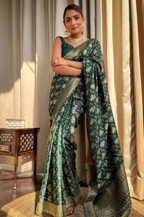 Load image into Gallery viewer, Adorning Dark Green Soft Silk Saree With Energetic Blouse Piece
