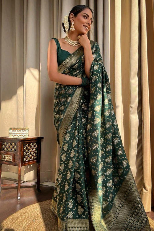 Load image into Gallery viewer, Adorning Dark Green Soft Silk Saree With Energetic Blouse Piece
