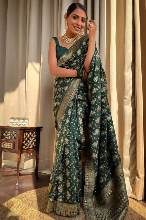 Load image into Gallery viewer, Adorning Dark Green Soft Silk Saree With Energetic Blouse Piece
