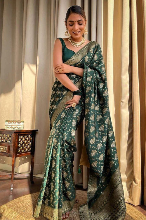 Load image into Gallery viewer, Adorning Dark Green Soft Silk Saree With Energetic Blouse Piece
