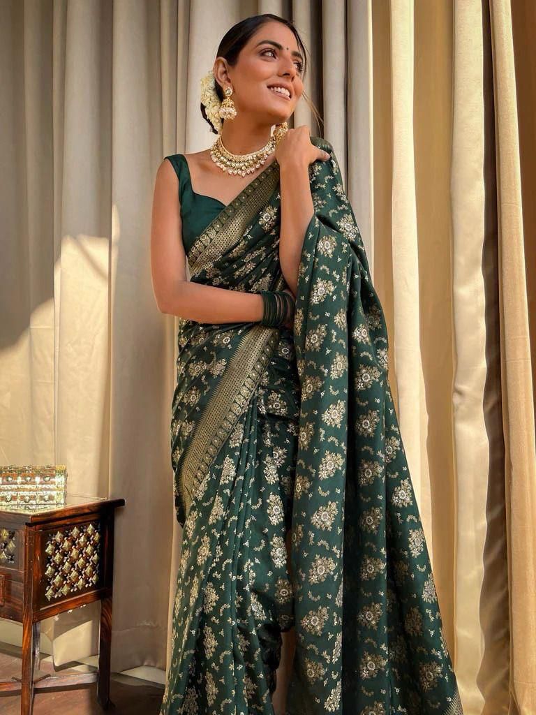 Adorning Dark Green Soft Silk Saree With Energetic Blouse Piece