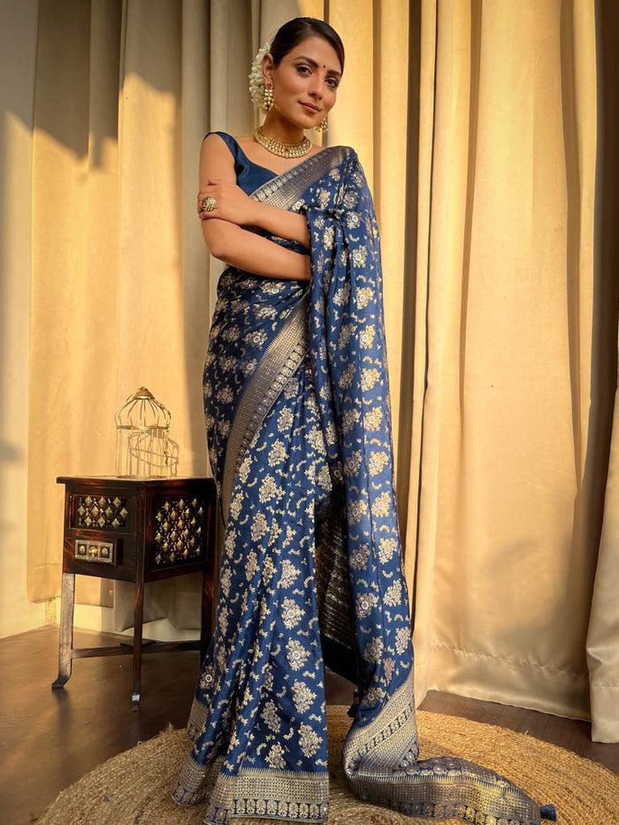 Amazing Navy Blue Soft Silk Saree With Hypnotic Blouse Piece