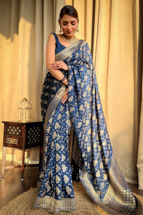 Load image into Gallery viewer, Amazing Navy Blue Soft Silk Saree With Hypnotic Blouse Piece
