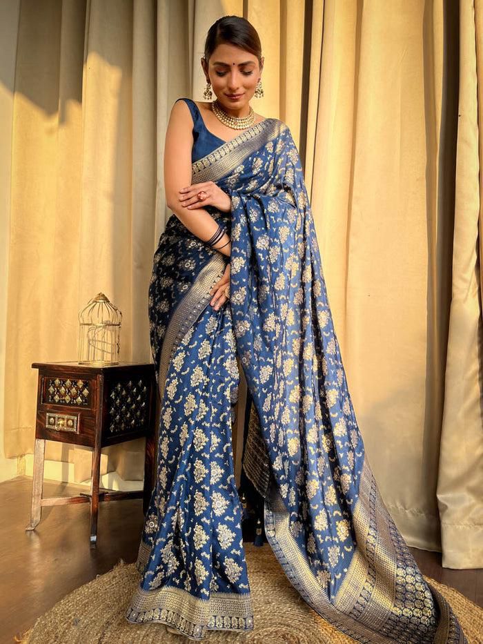 Amazing Navy Blue Soft Silk Saree With Hypnotic Blouse Piece