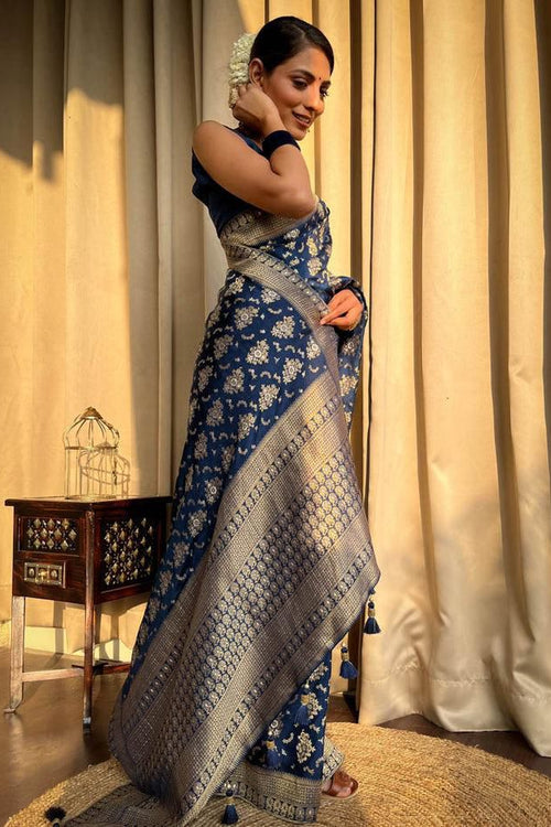 Load image into Gallery viewer, Amazing Navy Blue Soft Silk Saree With Hypnotic Blouse Piece
