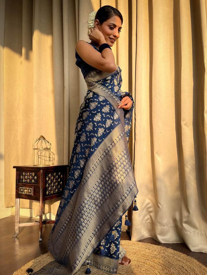 Amazing Navy Blue Soft Silk Saree With Hypnotic Blouse Piece