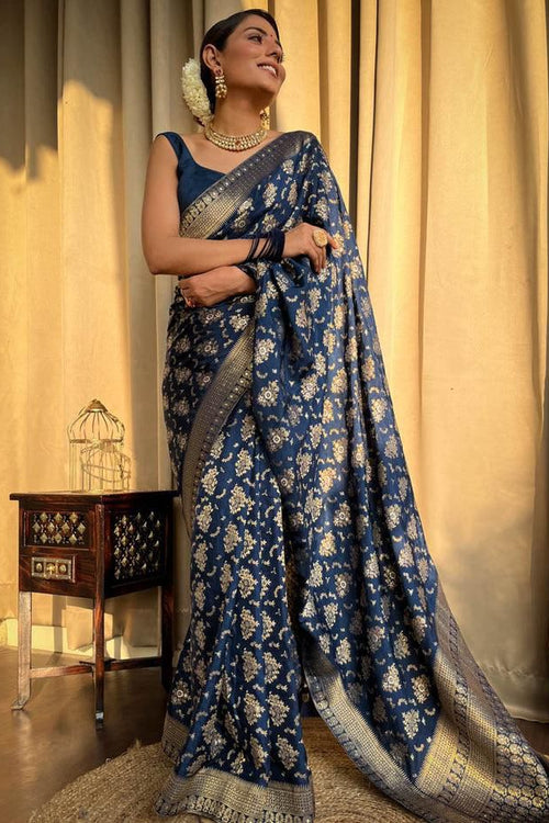 Load image into Gallery viewer, Amazing Navy Blue Soft Silk Saree With Hypnotic Blouse Piece
