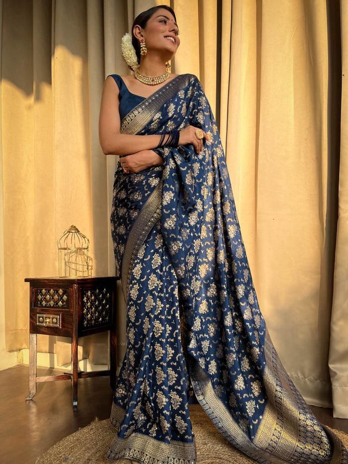 Amazing Navy Blue Soft Silk Saree With Hypnotic Blouse Piece