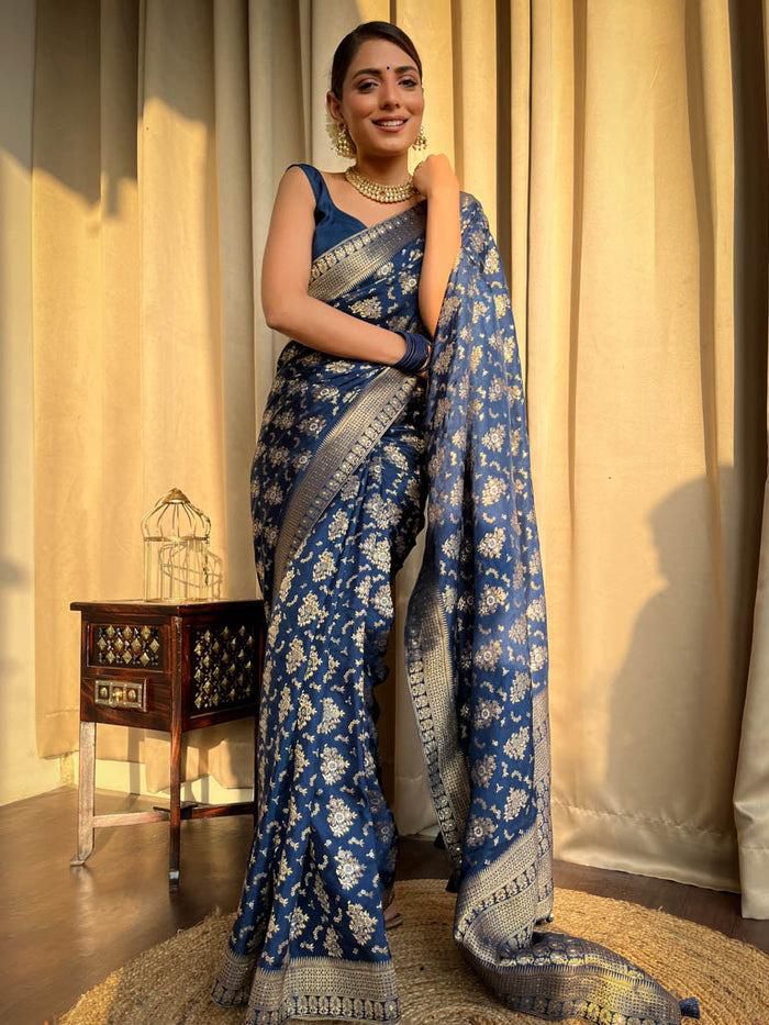 Amazing Navy Blue Soft Silk Saree With Hypnotic Blouse Piece