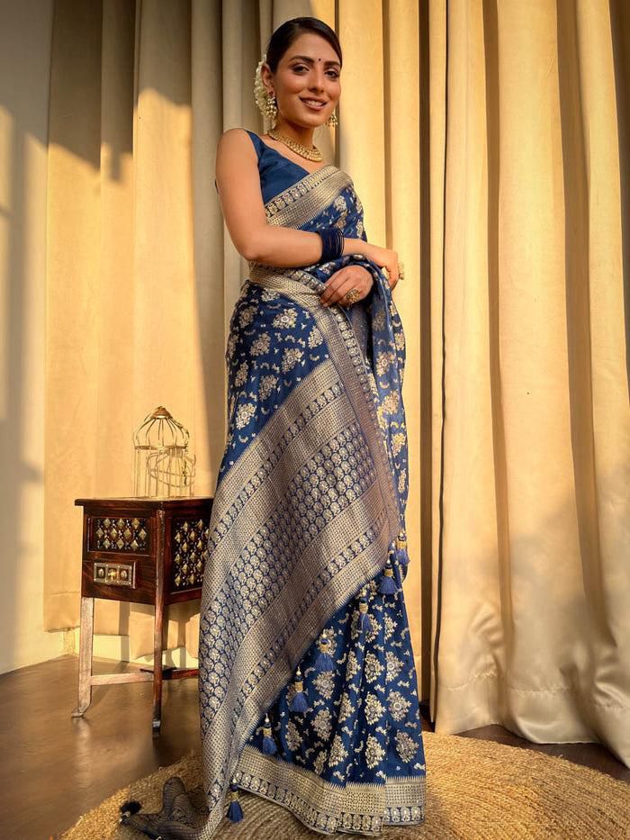 Amazing Navy Blue Soft Silk Saree With Hypnotic Blouse Piece