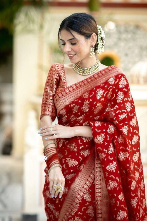 Load image into Gallery viewer, Demesne Red Soft Silk Saree With Nemesis Blouse Piece
