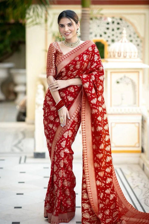 Load image into Gallery viewer, Demesne Red Soft Silk Saree With Nemesis Blouse Piece
