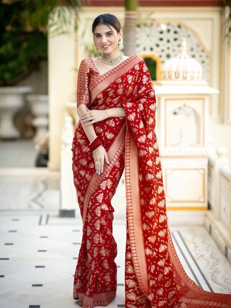 Demesne Red Soft Silk Saree With Nemesis Blouse Piece