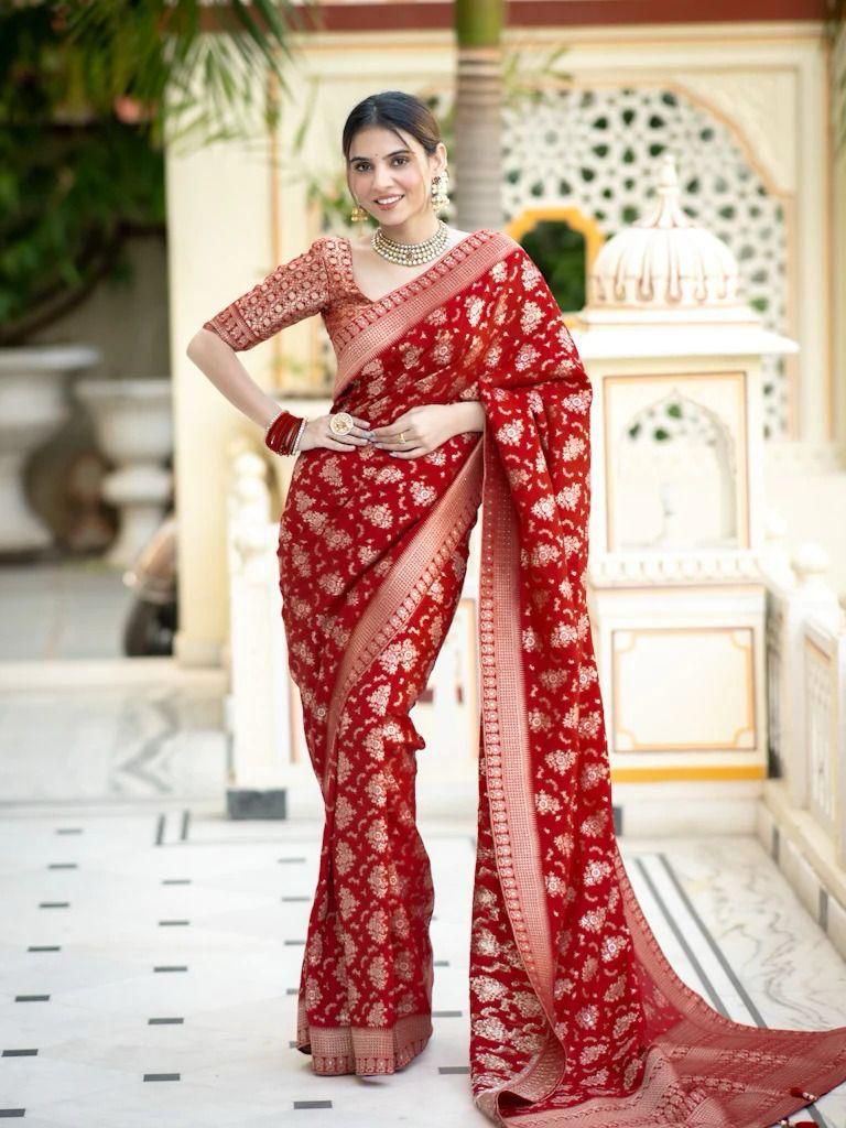 Demesne Red Soft Silk Saree With Nemesis Blouse Piece