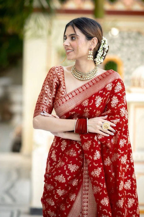 Load image into Gallery viewer, Demesne Red Soft Silk Saree With Nemesis Blouse Piece
