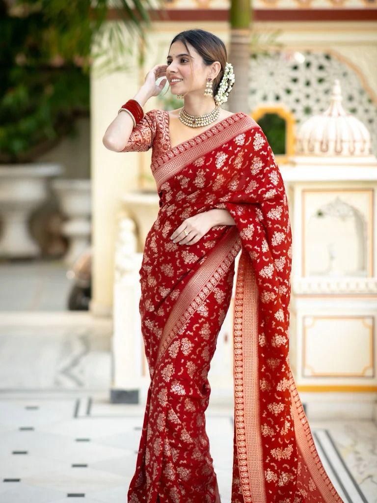 Demesne Red Soft Silk Saree With Nemesis Blouse Piece