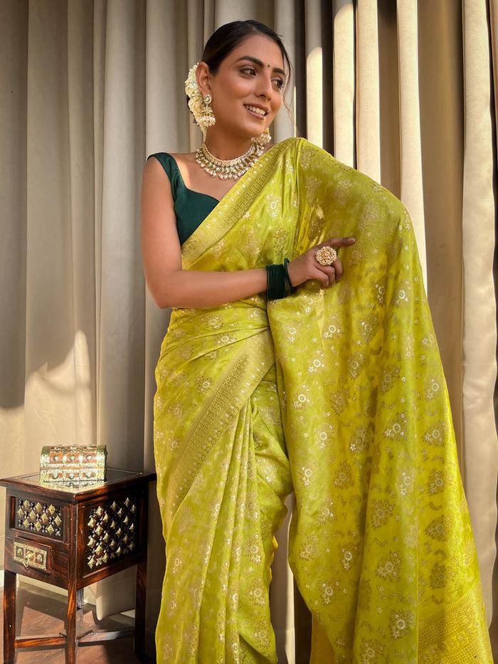 Enchanting Yellow Soft Silk Saree With Fantabulous Blouse Piece