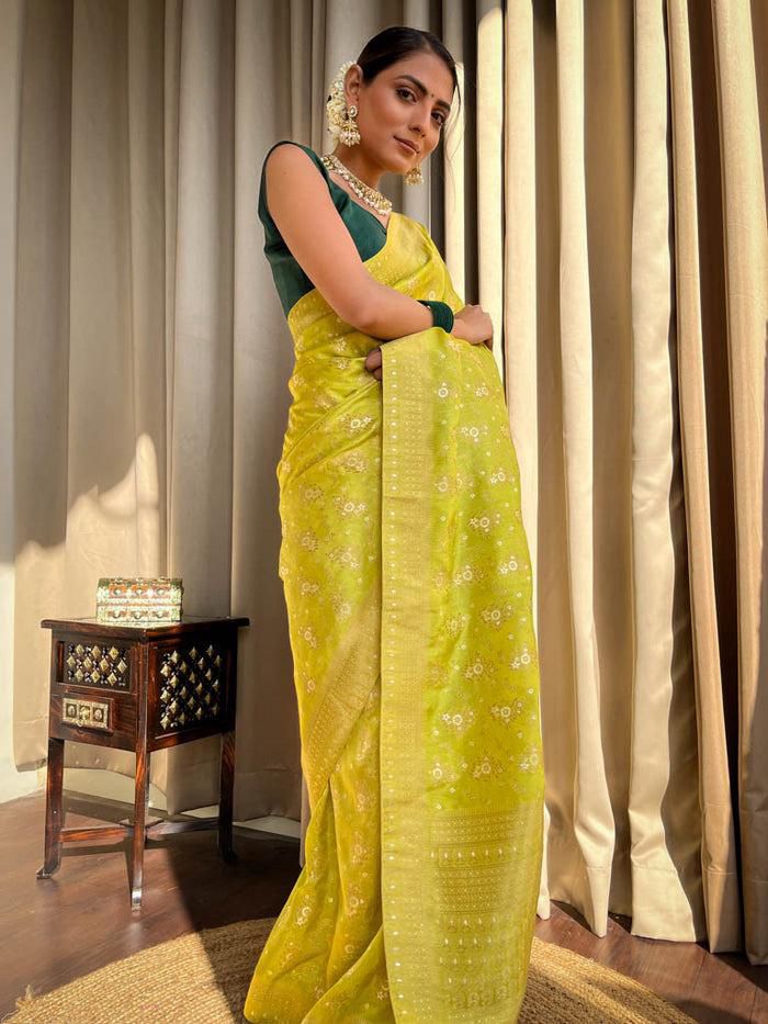 Enchanting Yellow Soft Silk Saree With Fantabulous Blouse Piece