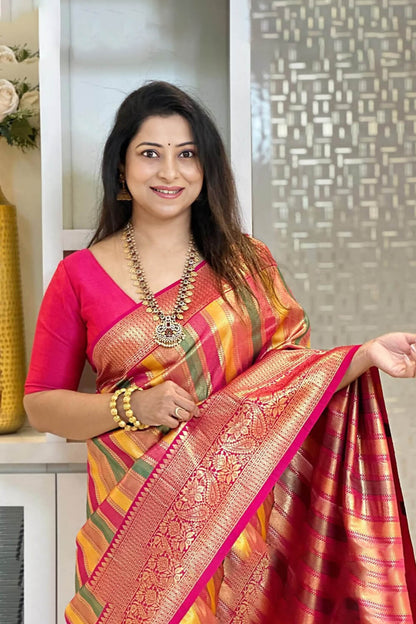 Capricious Multicolor Pure Zari Weaving Banarasi Silk Saree With Sempiternal Blouse Piece