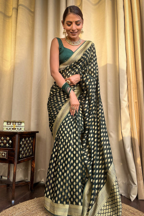 Load image into Gallery viewer, Amazing Dark Green Soft Banarasi Silk Saree With Flaunt Blouse
