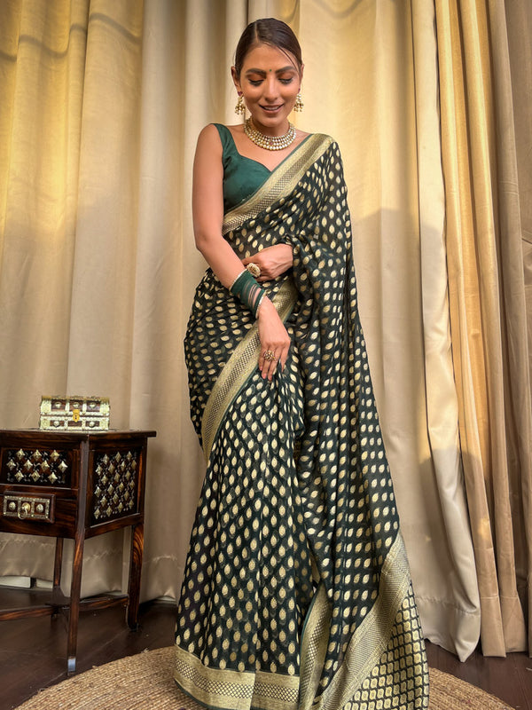 Amazing Dark Green Soft Banarasi Silk Saree With Flaunt Blouse