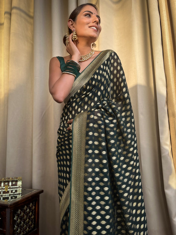 Amazing Dark Green Soft Banarasi Silk Saree With Flaunt Blouse