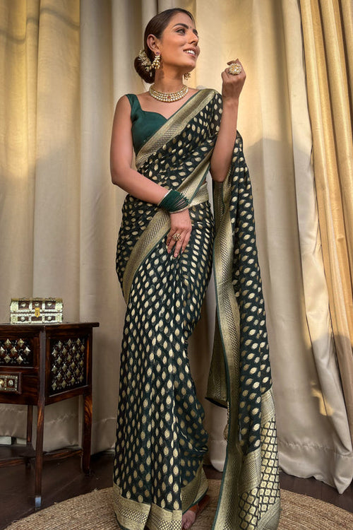 Load image into Gallery viewer, Amazing Dark Green Soft Banarasi Silk Saree With Flaunt Blouse
