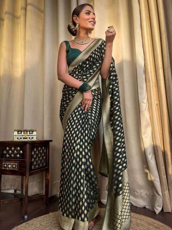 Amazing Dark Green Soft Banarasi Silk Saree With Flaunt Blouse