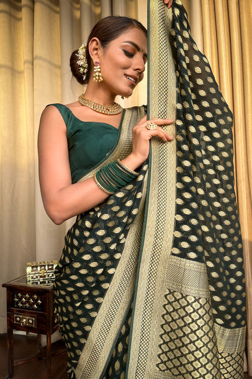 Load image into Gallery viewer, Amazing Dark Green Soft Banarasi Silk Saree With Flaunt Blouse
