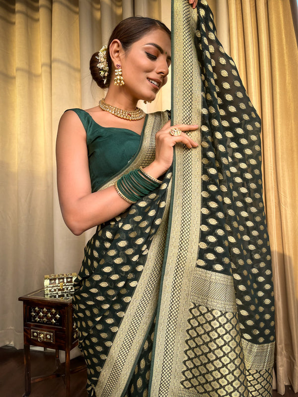 Amazing Dark Green Soft Banarasi Silk Saree With Flaunt Blouse