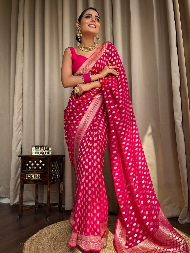 Outstanding Dark Pink Soft Banarasi Silk Saree With Desiring Blouse