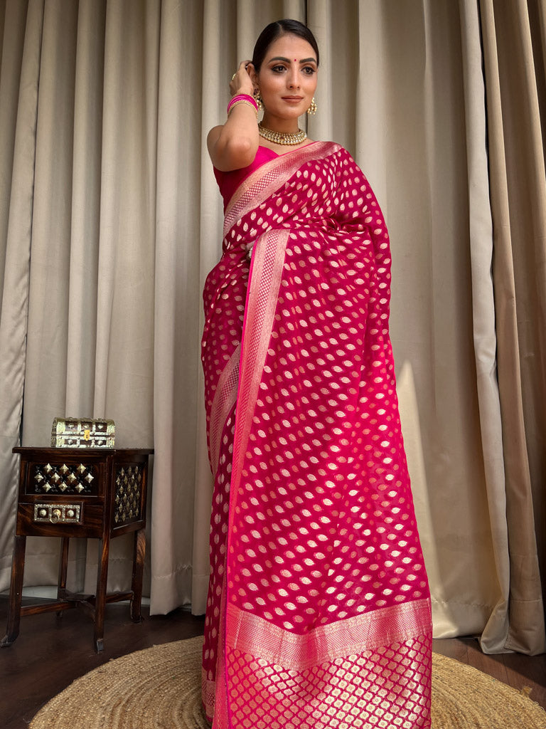 Outstanding Dark Pink Soft Banarasi Silk Saree With Desiring Blouse