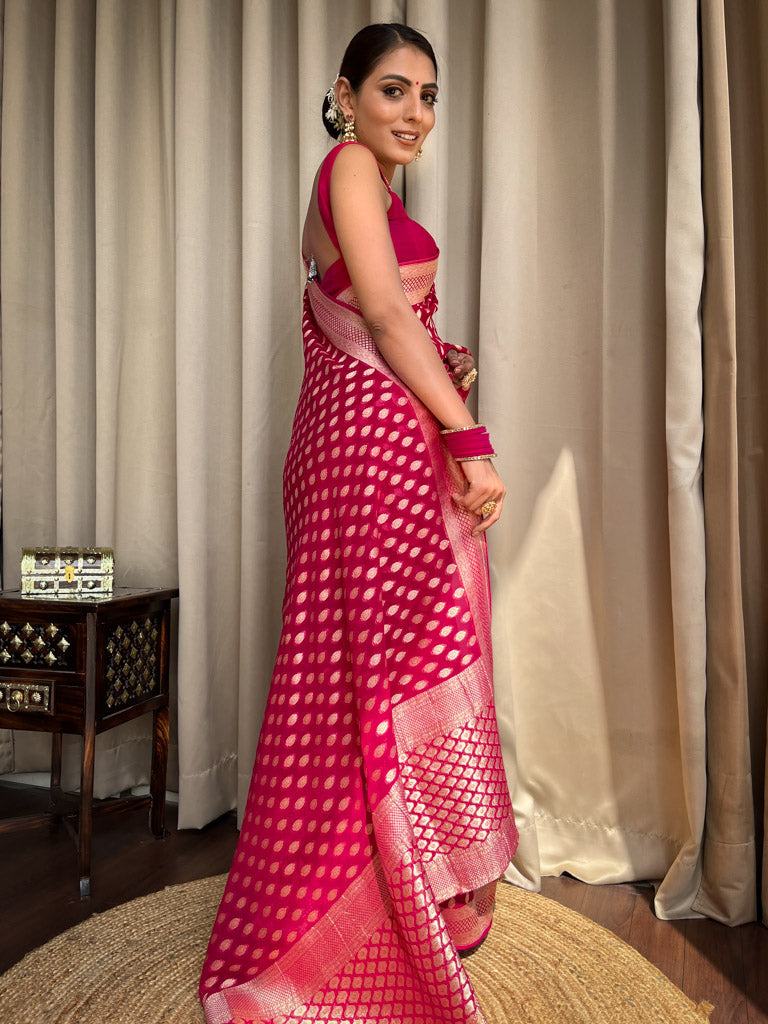 Outstanding Dark Pink Soft Banarasi Silk Saree With Desiring Blouse