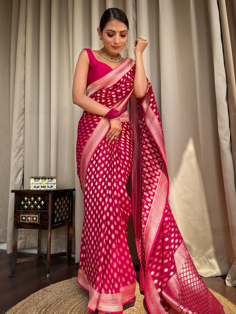 Outstanding Dark Pink Soft Banarasi Silk Saree With Desiring Blouse