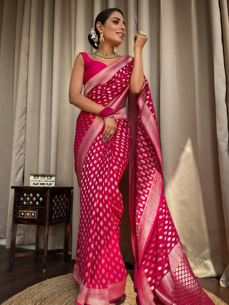 Outstanding Dark Pink Soft Banarasi Silk Saree With Desiring Blouse